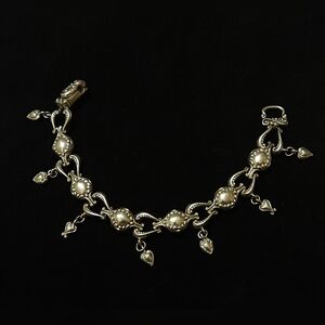 Vintage Silvertone Bracelet Heavy 7.5" Dangling Hearts